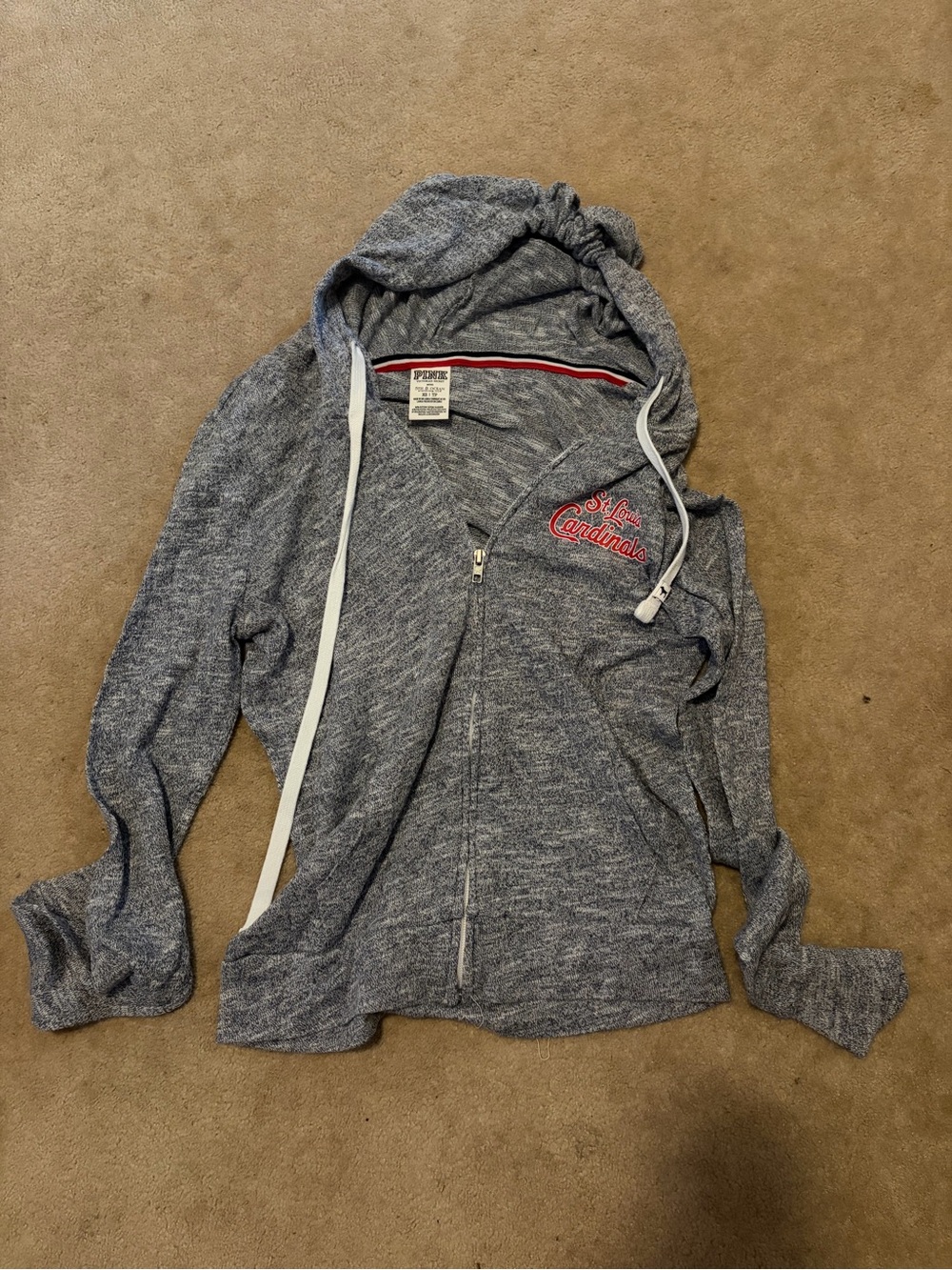 PINK Victoria's Secret Heathered Gray Zip Hoodie with Red & Navy Trim